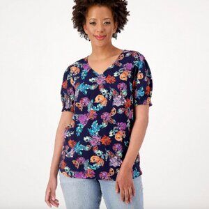 Denim & Co. Printed Blouse with Smocked Sleeve Cuff , Navy Sz XS a602890